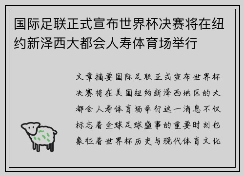 国际足联正式宣布世界杯决赛将在纽约新泽西大都会人寿体育场举行